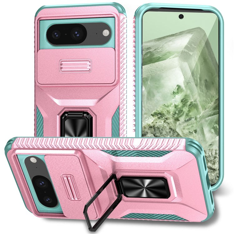 For Google Pixel 8 Case Camshield Kickstand TPU+PC Anti-Slip Phone Cover - Pink+Grey Green