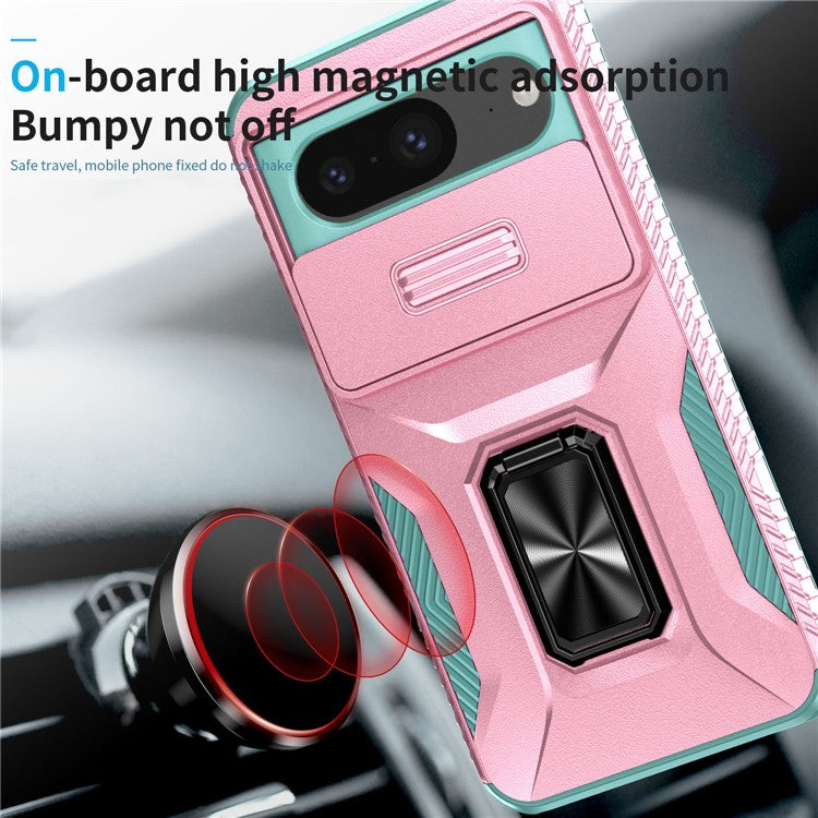 For Google Pixel 8 Case Camshield Kickstand TPU+PC Anti-Slip Phone Cover - Pink+Grey Green