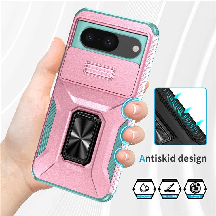 For Google Pixel 8 Case Camshield Kickstand TPU+PC Anti-Slip Phone Cover - Pink+Grey Green