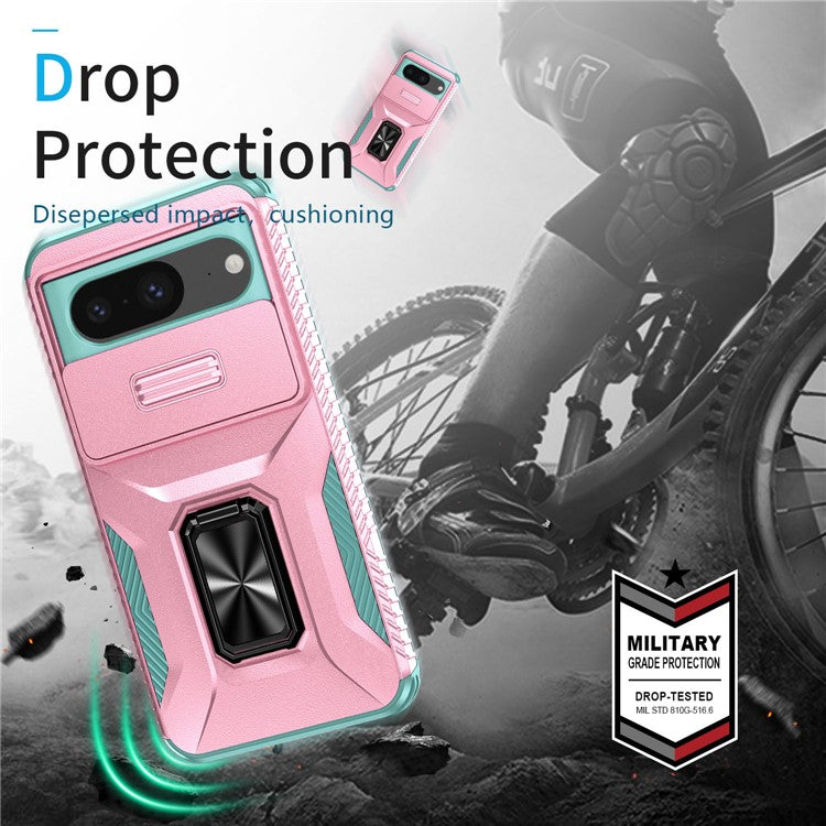 For Google Pixel 8 Case Camshield Kickstand TPU+PC Anti-Slip Phone Cover - Pink+Grey Green