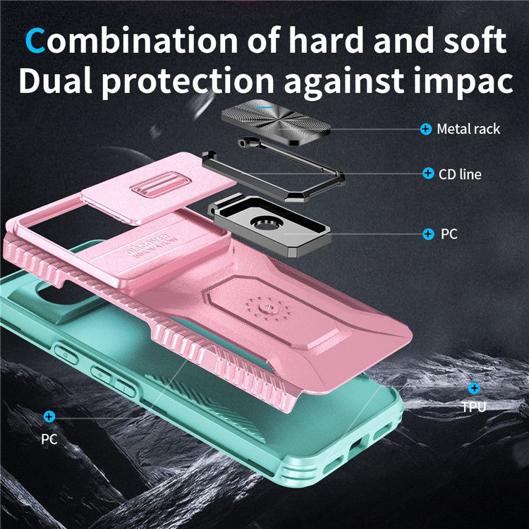 For Google Pixel 8 Case Camshield Kickstand TPU+PC Anti-Slip Phone Cover - Pink+Grey Green