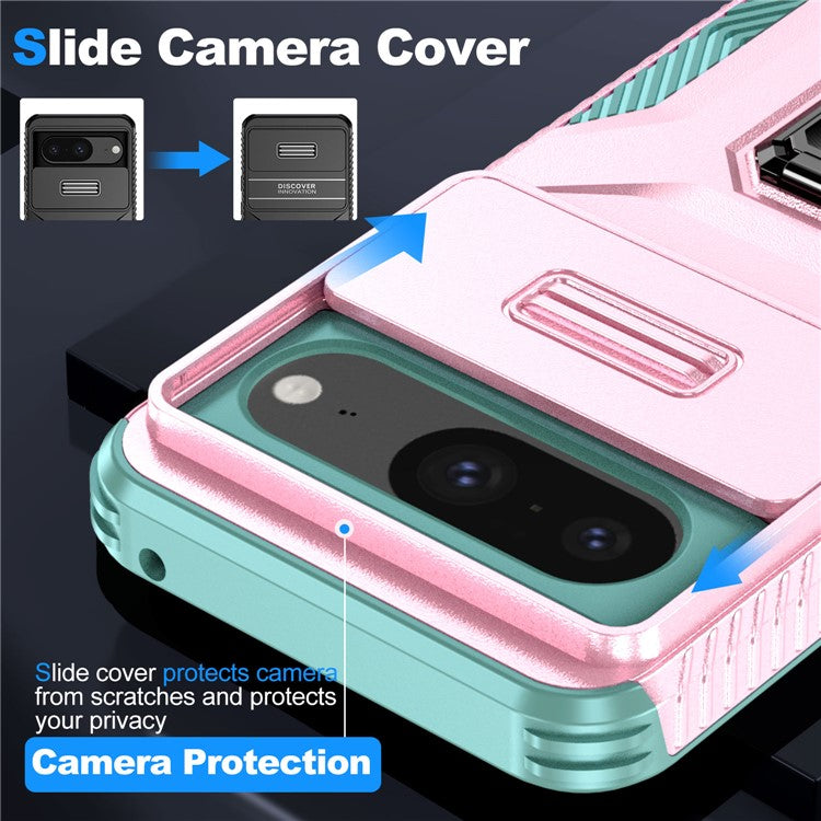 For Google Pixel 8 Case Camshield Kickstand TPU+PC Anti-Slip Phone Cover - Pink+Grey Green