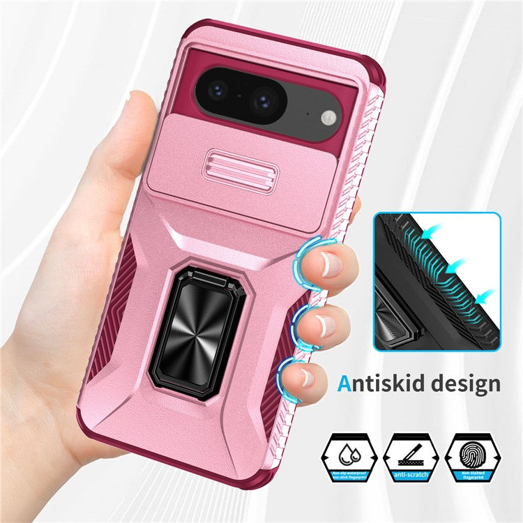 For Google Pixel 8 Case Camshield Kickstand TPU+PC Anti-Slip Phone Cover - Pink+Wine Red