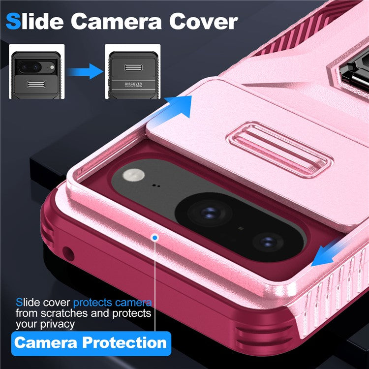 For Google Pixel 8 Case Camshield Kickstand TPU+PC Anti-Slip Phone Cover - Pink+Wine Red