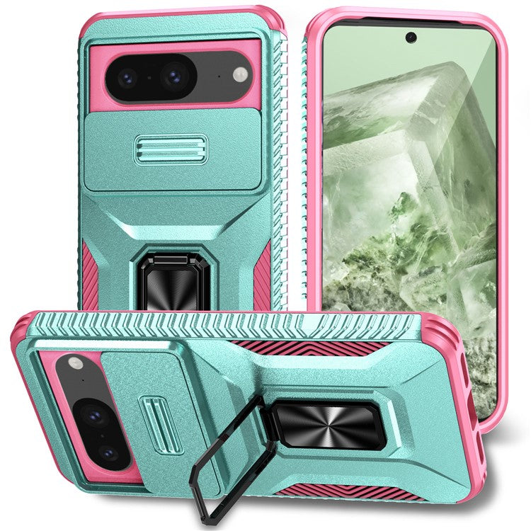 For Google Pixel 8 Case Camshield Kickstand TPU+PC Anti-Slip Phone Cover - Grey Green+Pink