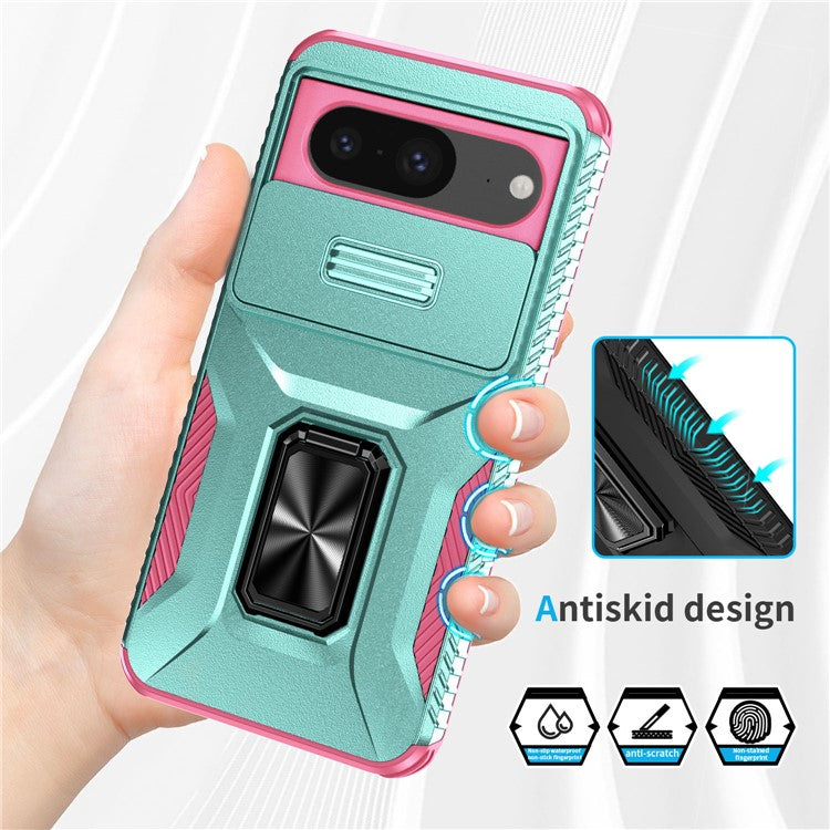 For Google Pixel 8 Case Camshield Kickstand TPU+PC Anti-Slip Phone Cover - Grey Green+Pink