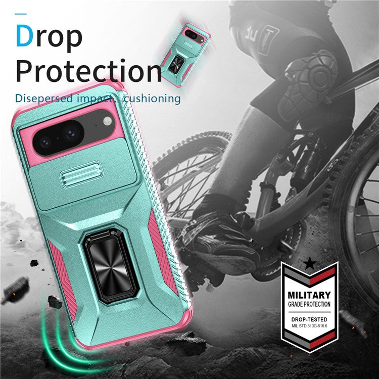 For Google Pixel 8 Case Camshield Kickstand TPU+PC Anti-Slip Phone Cover - Grey Green+Pink