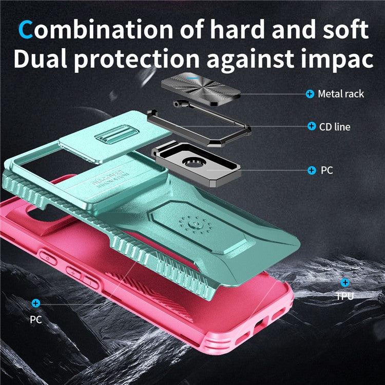 For Google Pixel 8 Case Camshield Kickstand TPU+PC Anti-Slip Phone Cover - Grey Green+Pink