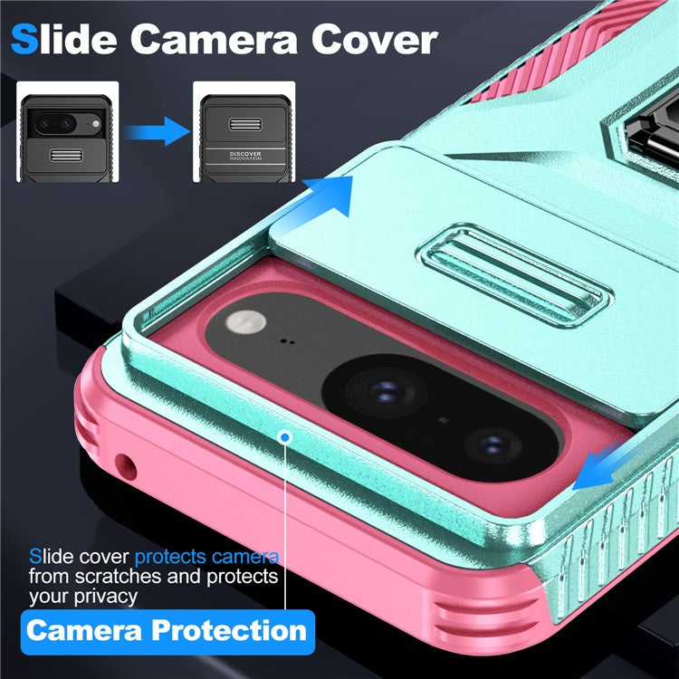 For Google Pixel 8 Case Camshield Kickstand TPU+PC Anti-Slip Phone Cover - Grey Green+Pink