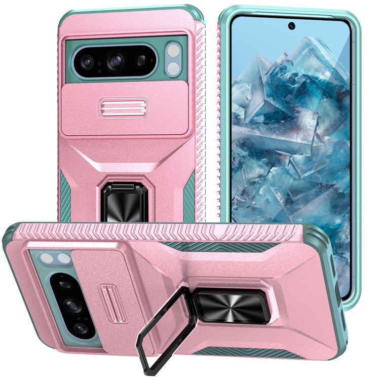 For Google Pixel 8 Pro Case Camshield Kickstand TPU+PC Anti-Slip Phone Cover -  Pink+Grey Green