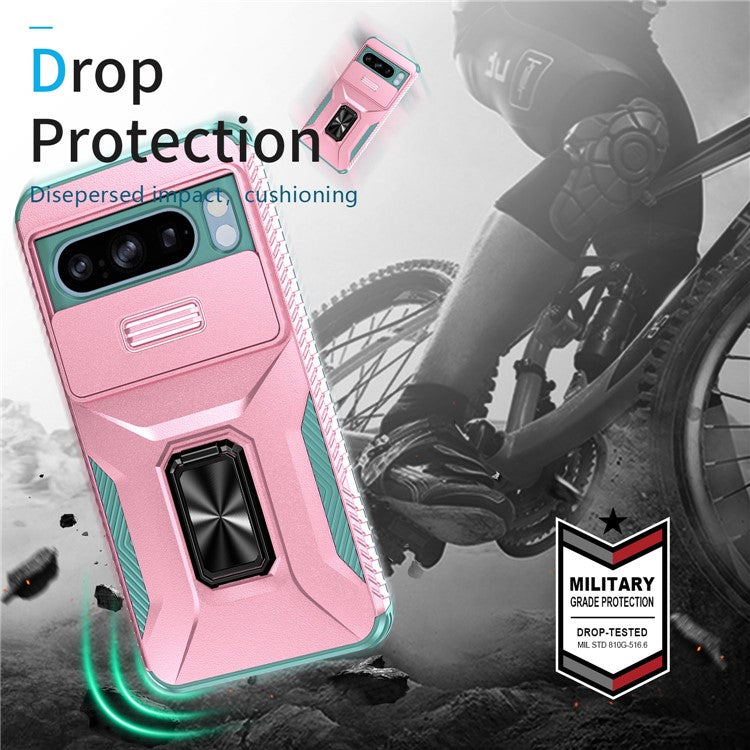 For Google Pixel 8 Pro Case Camshield Kickstand TPU+PC Anti-Slip Phone Cover -  Pink+Grey Green