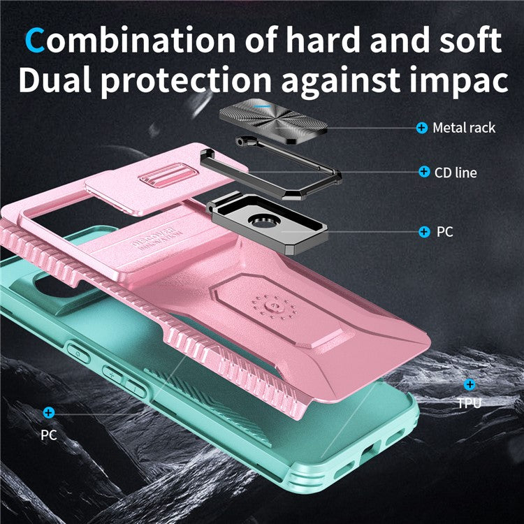 For Google Pixel 8 Pro Case Camshield Kickstand TPU+PC Anti-Slip Phone Cover -  Pink+Grey Green