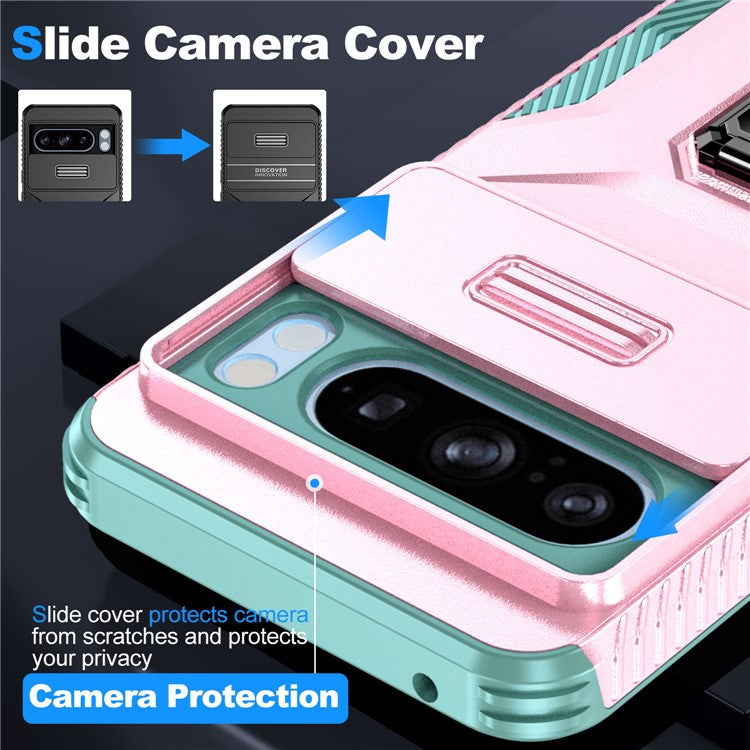 For Google Pixel 8 Pro Case Camshield Kickstand TPU+PC Anti-Slip Phone Cover -  Pink+Grey Green