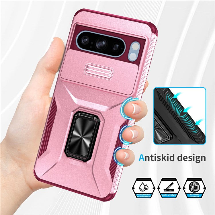 For Google Pixel 8 Pro Case Camshield Kickstand TPU+PC Anti-Slip Phone Cover -  Pink+Wine Red