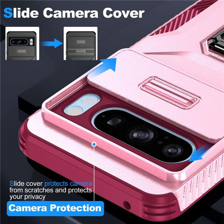 For Google Pixel 8 Pro Case Camshield Kickstand TPU+PC Anti-Slip Phone Cover -  Pink+Wine Red