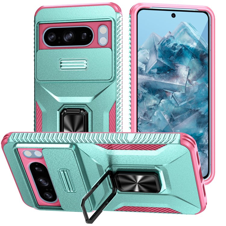 For Google Pixel 8 Pro Case Camshield Kickstand TPU+PC Anti-Slip Phone Cover -  Grey Green+Pink