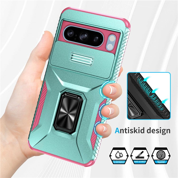 For Google Pixel 8 Pro Case Camshield Kickstand TPU+PC Anti-Slip Phone Cover -  Grey Green+Pink