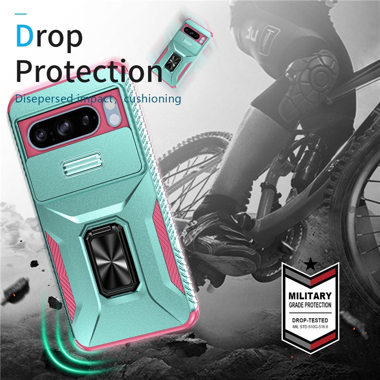 For Google Pixel 8 Pro Case Camshield Kickstand TPU+PC Anti-Slip Phone Cover -  Grey Green+Pink