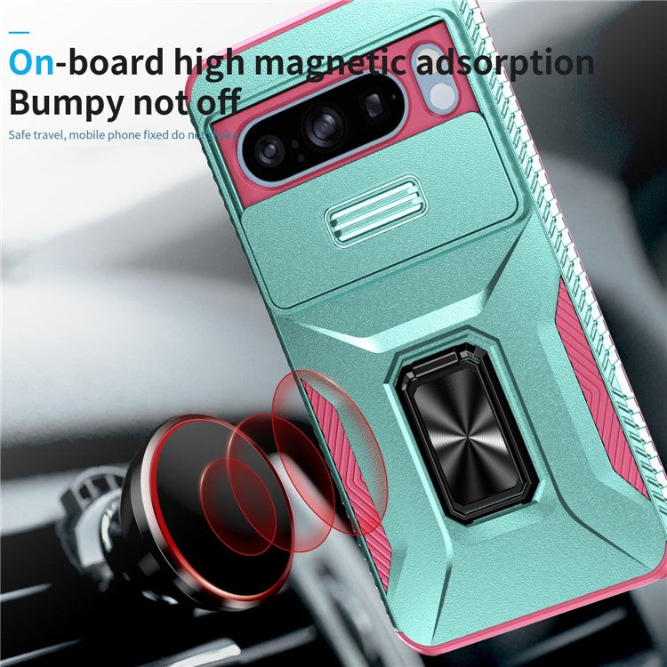 For Google Pixel 8 Pro Case Camshield Kickstand TPU+PC Anti-Slip Phone Cover -  Grey Green+Pink