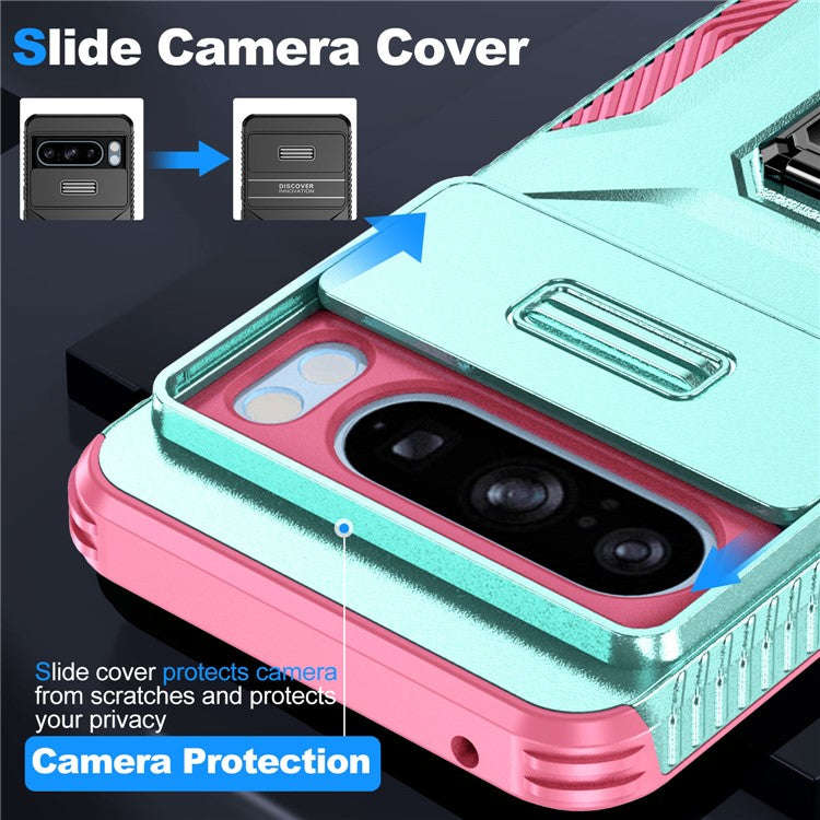 For Google Pixel 8 Pro Case Camshield Kickstand TPU+PC Anti-Slip Phone Cover -  Grey Green+Pink