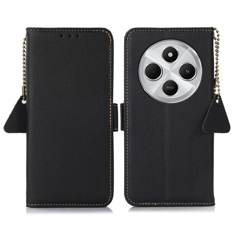 TJ For Xiaomi Redmi 14C 4G Case RFID Blocking Genuine Cow Leather Phone Cover - Black