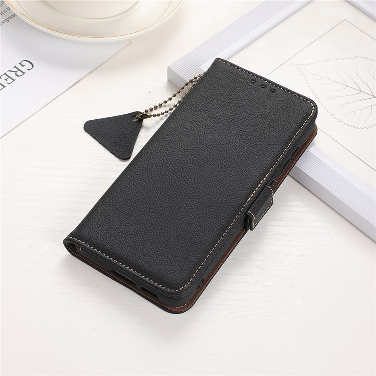 TJ For Xiaomi Redmi 14C 4G Case RFID Blocking Genuine Cow Leather Phone Cover - Black