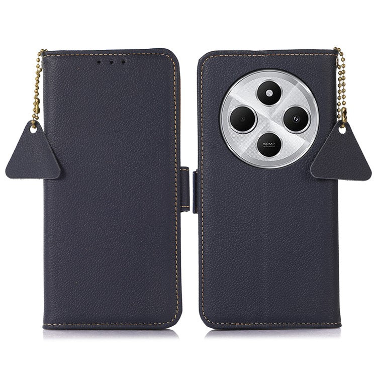 TJ For Xiaomi Redmi 14C 4G Case RFID Blocking Genuine Cow Leather Phone Cover - Blue