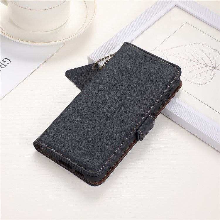 TJ For Xiaomi Redmi 14C 4G Case RFID Blocking Genuine Cow Leather Phone Cover - Blue