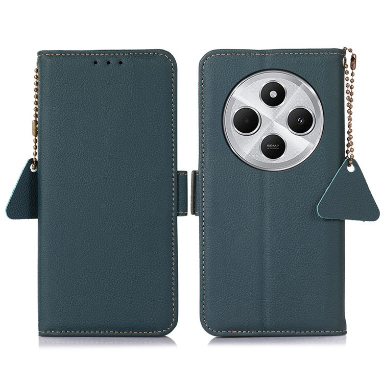 TJ For Xiaomi Redmi 14C 4G Case RFID Blocking Genuine Cow Leather Phone Cover - Green