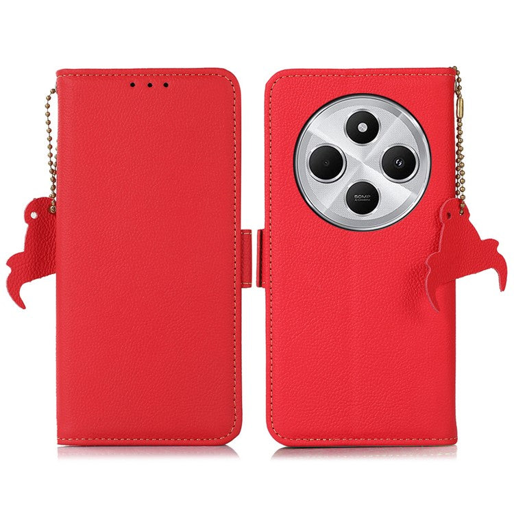 TJ For Xiaomi Redmi 14C 4G Case RFID Blocking Genuine Cow Leather Phone Cover - Red