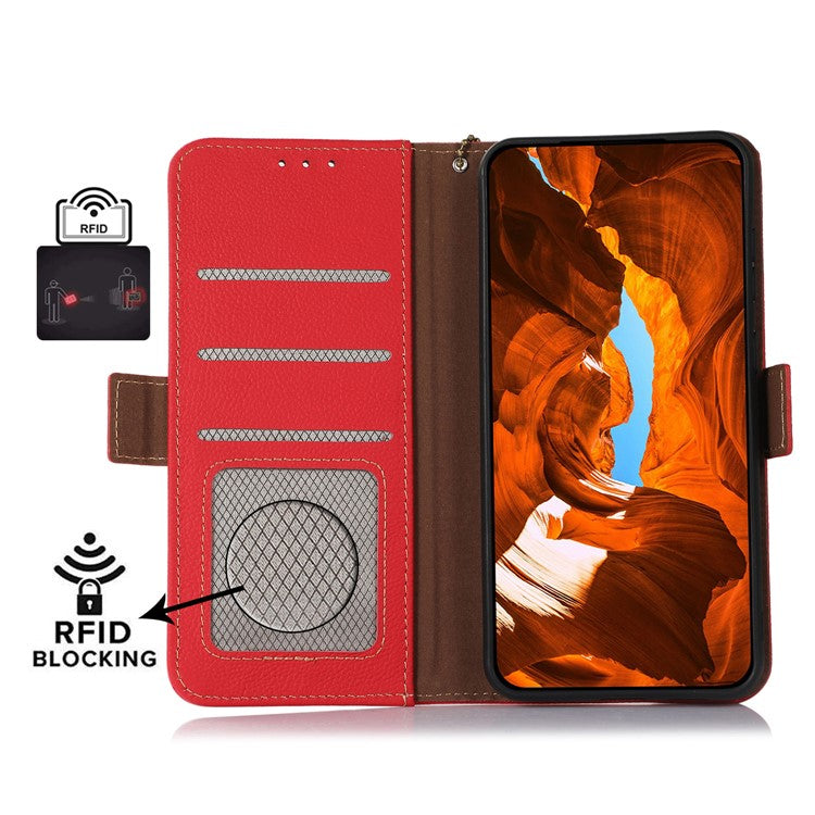 TJ For Xiaomi Redmi 14C 4G Case RFID Blocking Genuine Cow Leather Phone Cover - Red