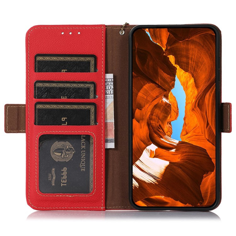 TJ For Xiaomi Redmi 14C 4G Case RFID Blocking Genuine Cow Leather Phone Cover - Red