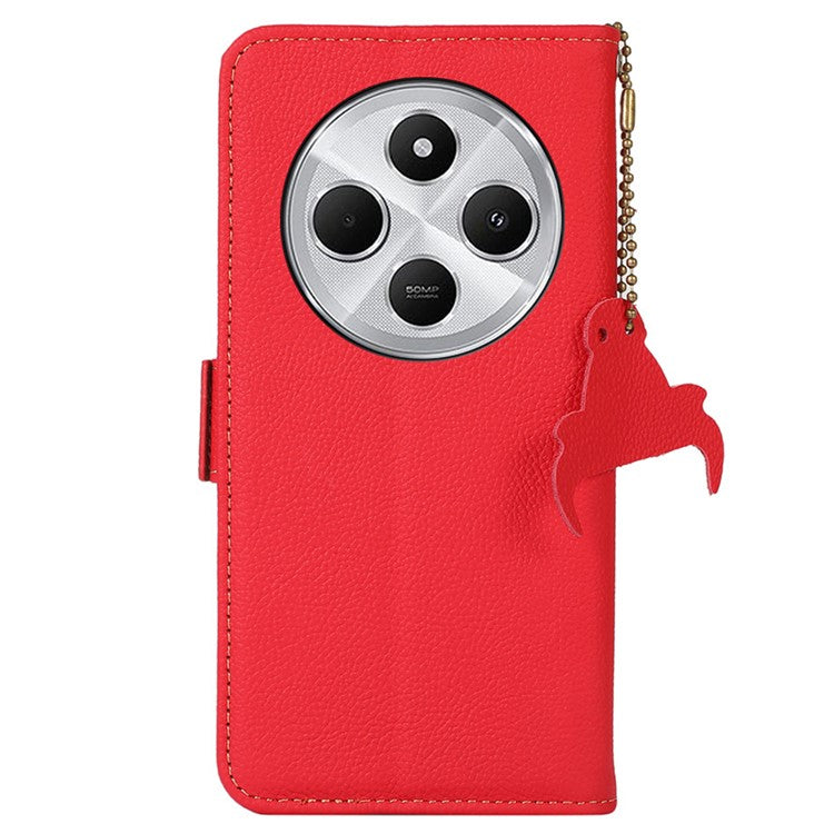 TJ For Xiaomi Redmi 14C 4G Case RFID Blocking Genuine Cow Leather Phone Cover - Red