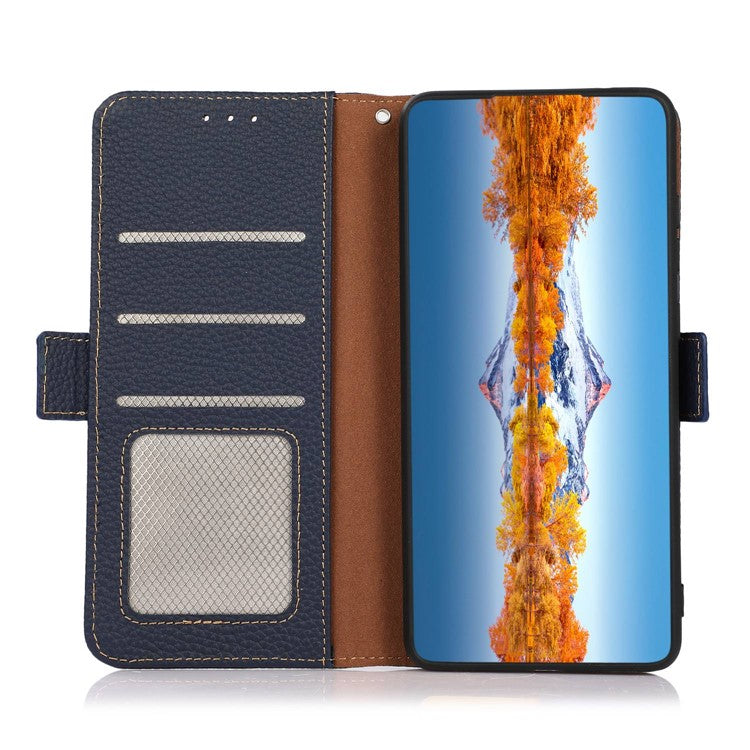 KHAZNEH For Xiaomi Poco C75 4G / Redmi 14R 5G / 14C 4G Phone Case Genuine Cow Leather Cover RFID Blocking - Blue