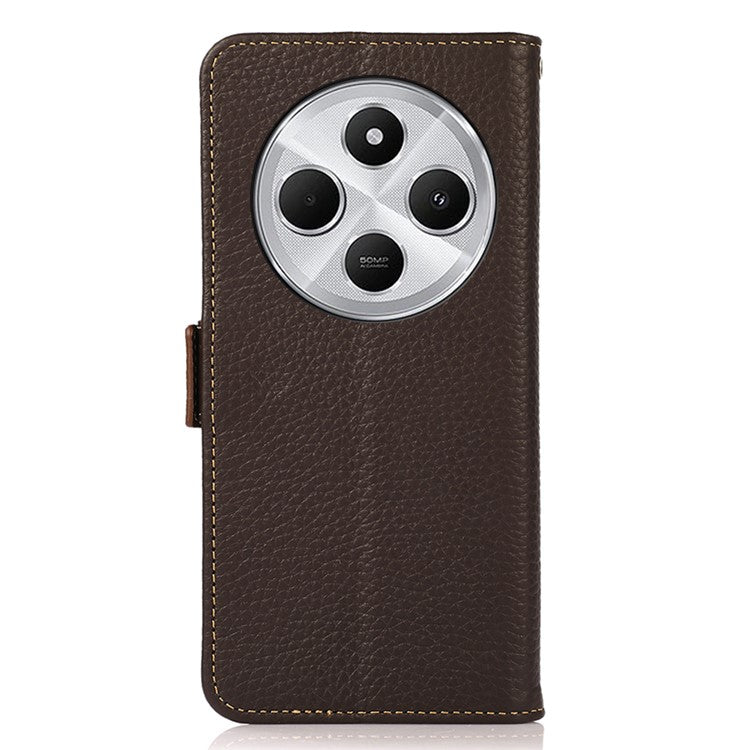 KHAZNEH For Xiaomi Poco C75 4G / Redmi 14R 5G / 14C 4G Phone Case Genuine Cow Leather Cover RFID Blocking - Brown