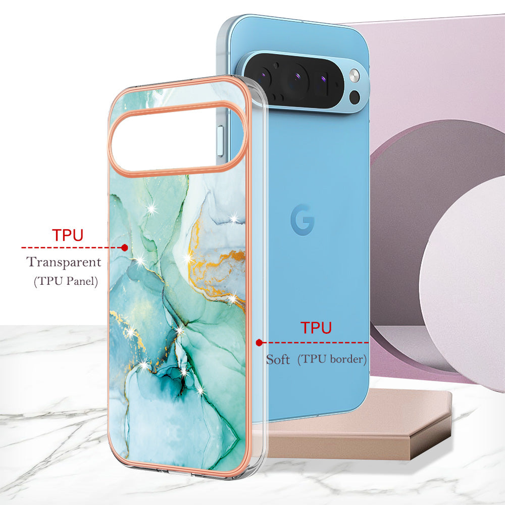 For Google Pixel 9 Pro XL Case YB IMD Series-2 Style-B IMD Marble Pattern TPU Back Cover - Green 004