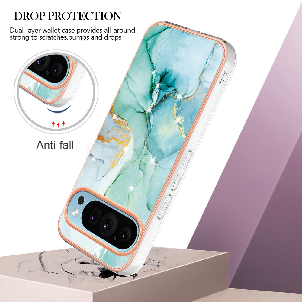 For Google Pixel 9 Pro XL Case YB IMD Series-2 Style-B IMD Marble Pattern TPU Back Cover - Green 003