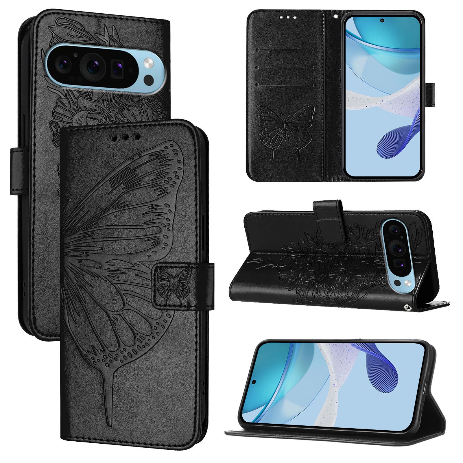 For Google Pixel 9 Pro XL Case YB Imprinting Series-4 Butterfly Flower Flip Wallet Leather Phone Cover - Black