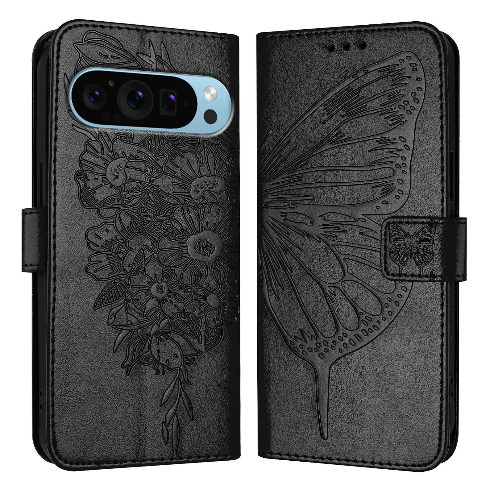 For Google Pixel 9 Pro XL Case YB Imprinting Series-4 Butterfly Flower Flip Wallet Leather Phone Cover - Black