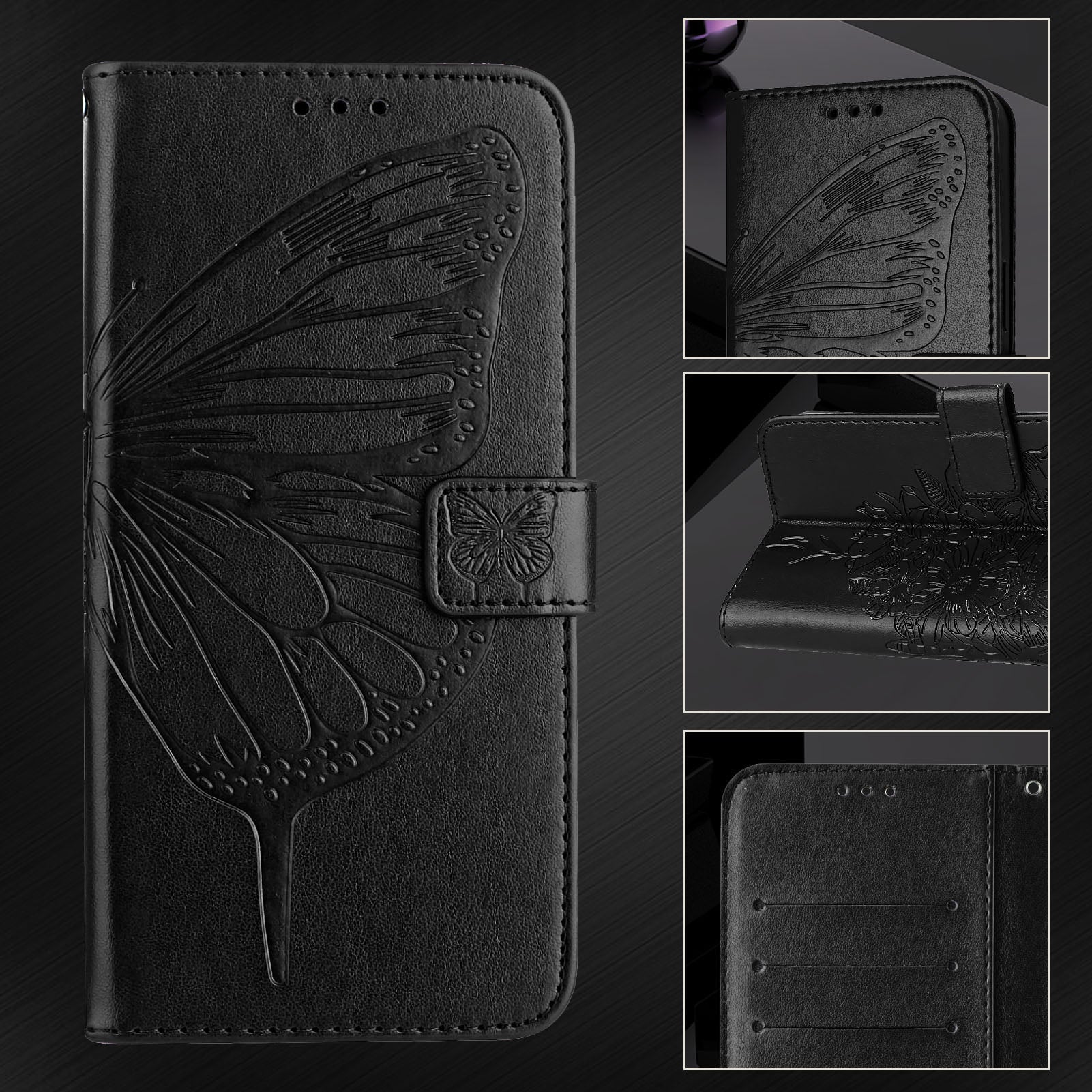 For Google Pixel 9 Pro XL Case YB Imprinting Series-4 Butterfly Flower Flip Wallet Leather Phone Cover - Black