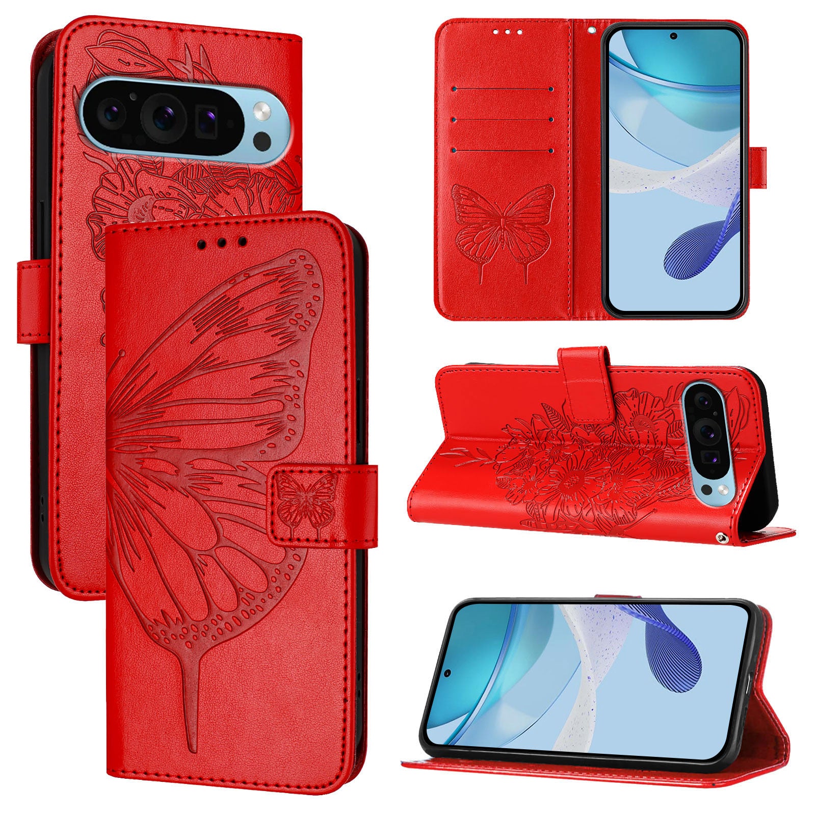 For Google Pixel 9 Pro XL Case YB Imprinting Series-4 Butterfly Flower Flip Wallet Leather Phone Cover - Red