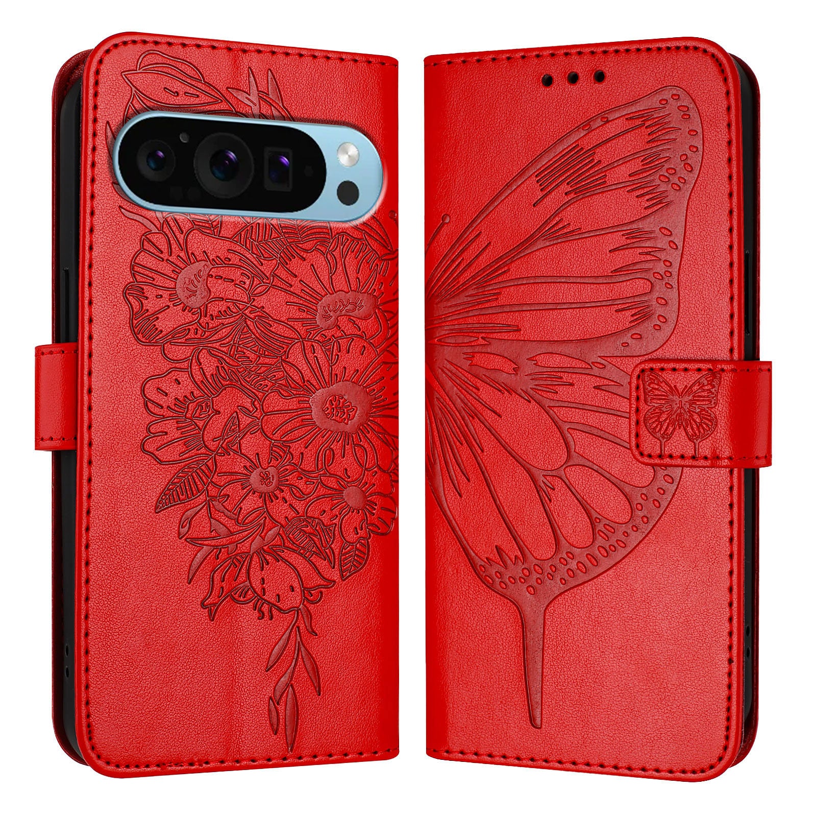 For Google Pixel 9 Pro XL Case YB Imprinting Series-4 Butterfly Flower Flip Wallet Leather Phone Cover - Red