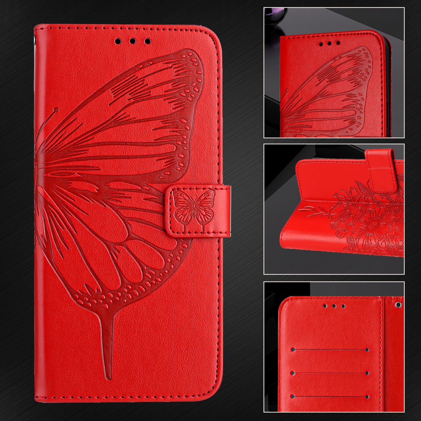 For Google Pixel 9 Pro XL Case YB Imprinting Series-4 Butterfly Flower Flip Wallet Leather Phone Cover - Red