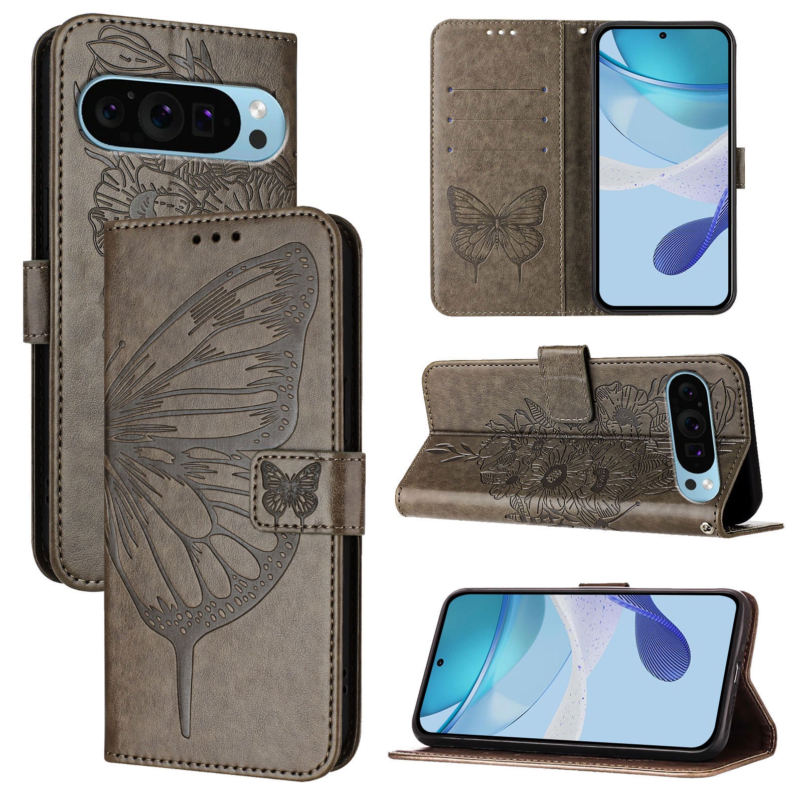 For Google Pixel 9 Pro XL Case YB Imprinting Series-4 Butterfly Flower Flip Wallet Leather Phone Cover - Grey