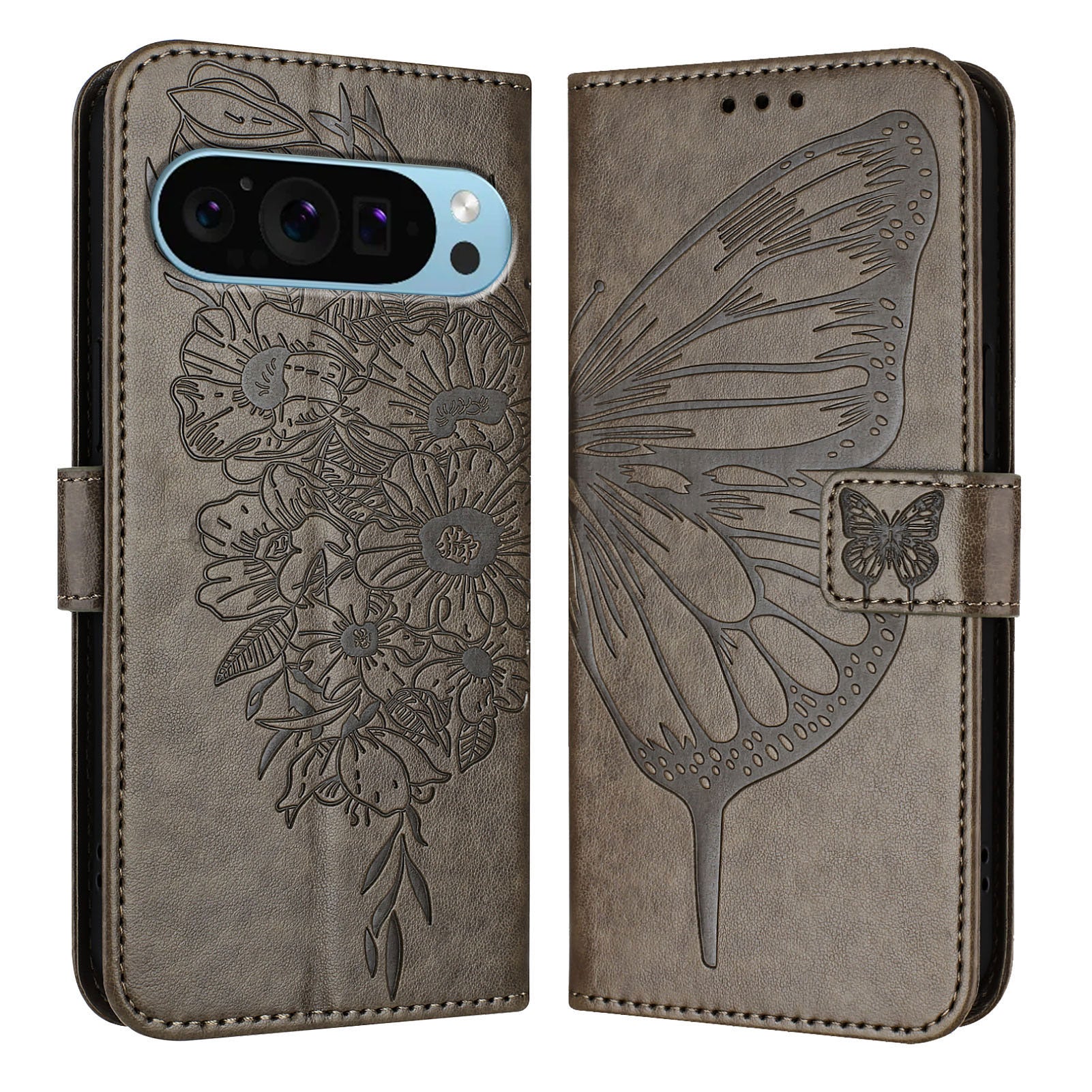 For Google Pixel 9 Pro XL Case YB Imprinting Series-4 Butterfly Flower Flip Wallet Leather Phone Cover - Grey