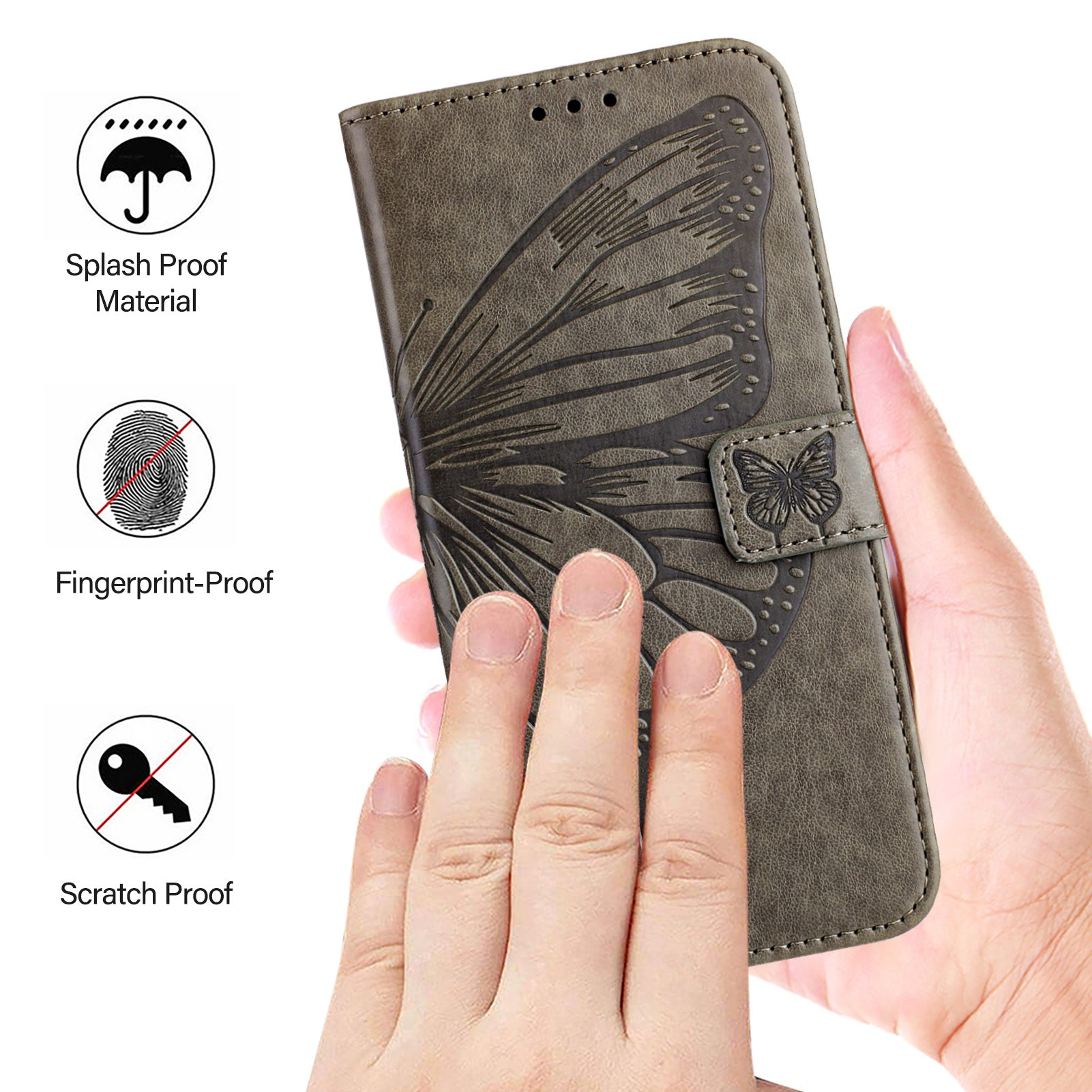 For Google Pixel 9 Pro XL Case YB Imprinting Series-4 Butterfly Flower Flip Wallet Leather Phone Cover - Grey