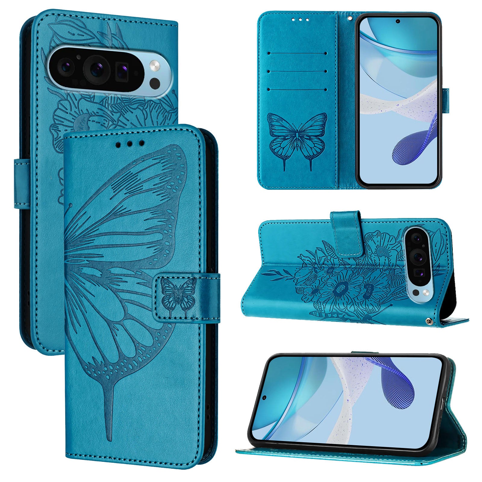 For Google Pixel 9 Pro XL Case YB Imprinting Series-4 Butterfly Flower Flip Wallet Leather Phone Cover - Blue