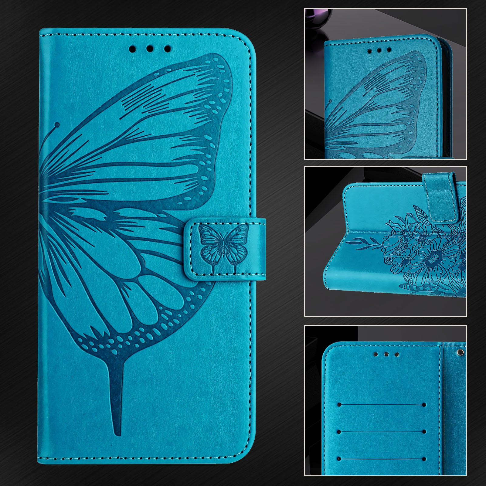 For Google Pixel 9 Pro XL Case YB Imprinting Series-4 Butterfly Flower Flip Wallet Leather Phone Cover - Blue