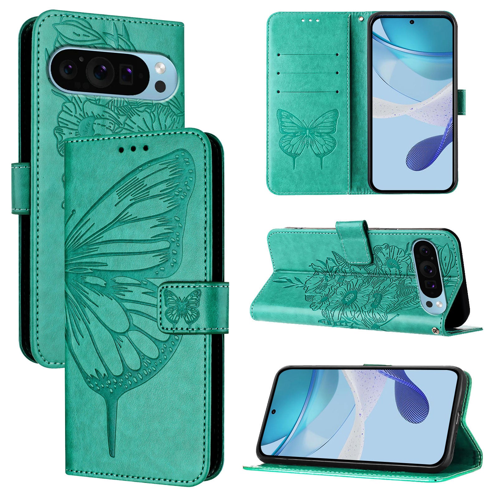 For Google Pixel 9 Pro XL Case YB Imprinting Series-4 Butterfly Flower Flip Wallet Leather Phone Cover - Green