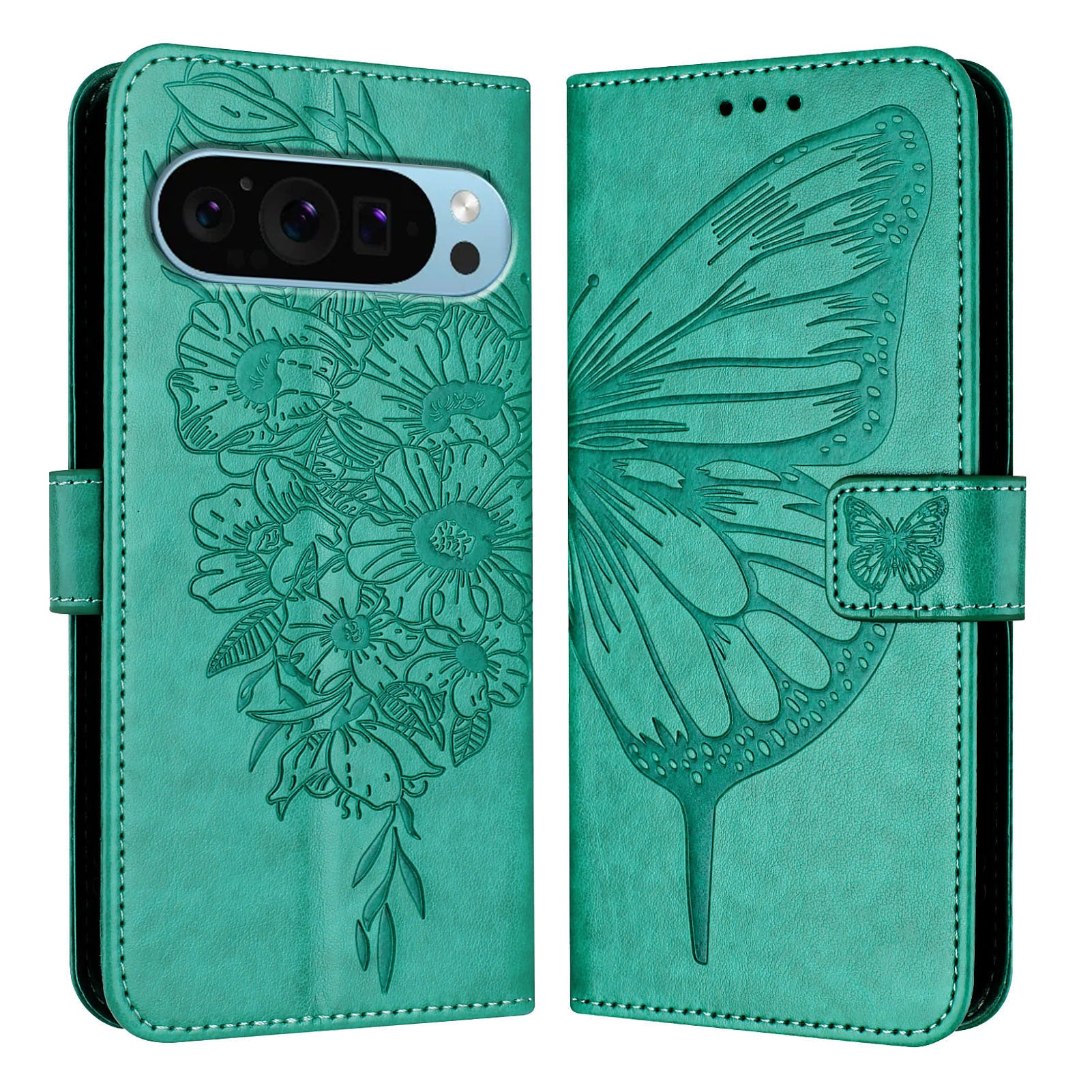 For Google Pixel 9 Pro XL Case YB Imprinting Series-4 Butterfly Flower Flip Wallet Leather Phone Cover - Green